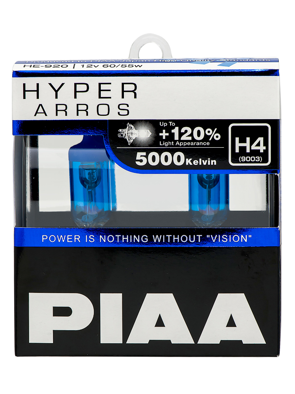 Лампа галогенная PIAA, HYPER ARROS, H4, 5000K, 55W, 2 шт., HE-920-H4